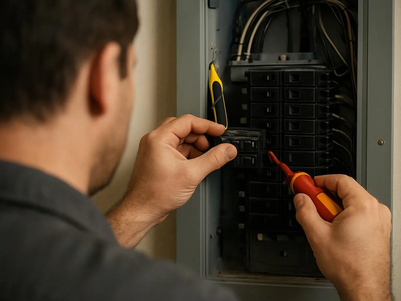 A man adjusts breakers inside an open electrical panel while holding a screwdriver indoors