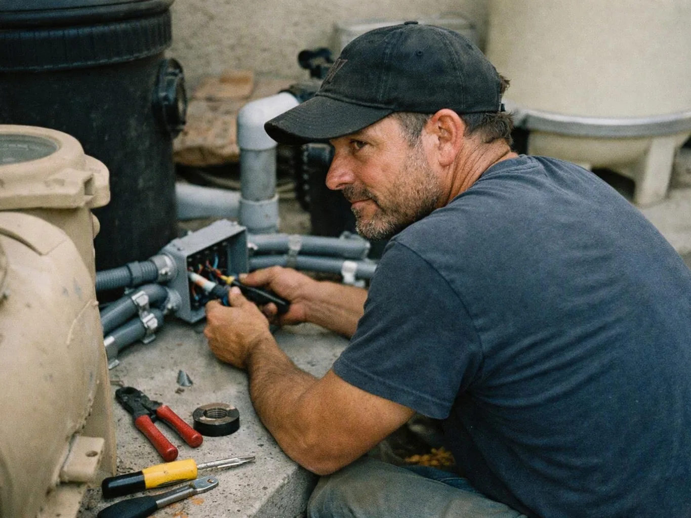 A man in a black cap wires an open electrical box beside pipes and hand tools outdoors