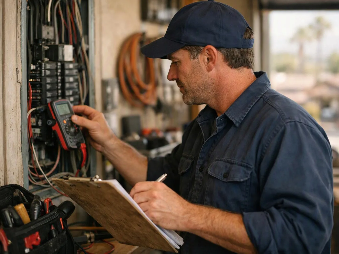 A man in a blue cap checks an electrical panel with a multimeter and clipboard indoors
