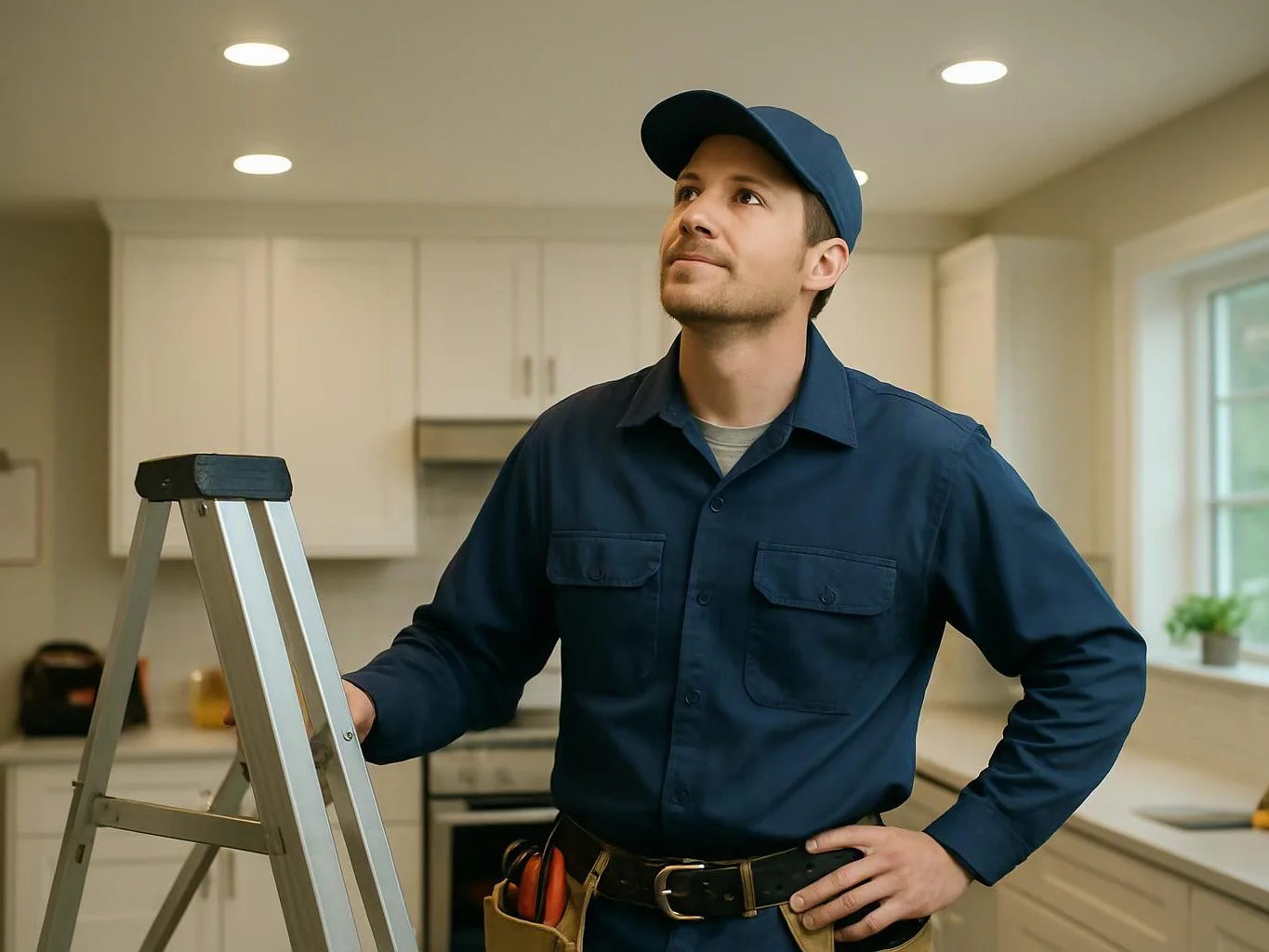 A man in a blue cap stands by a step ladder in a bright kitchen and looks up at the ceiling