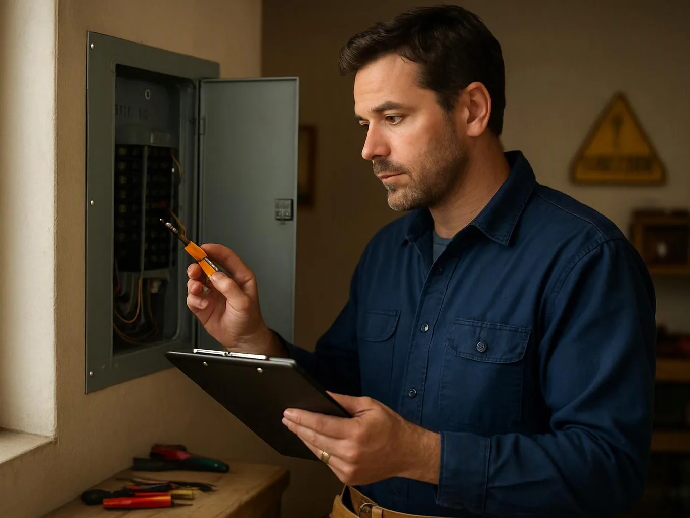 A man in a blue shirt inspects an open electrical panel while holding a screwdriver and clipboard indoors