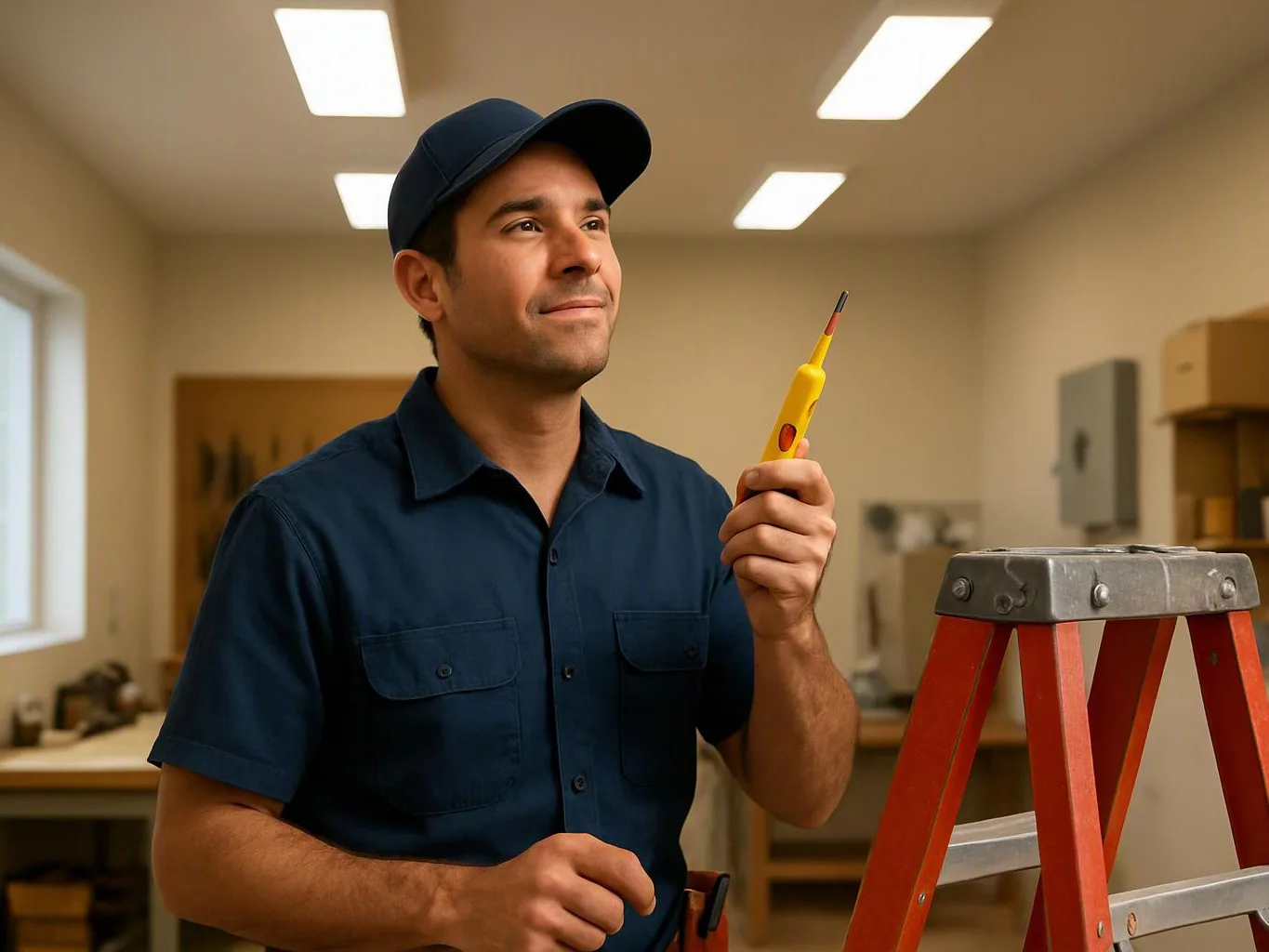 A man in a blue uniform and cap holds a yellow tester beside a red ladder in a workshop