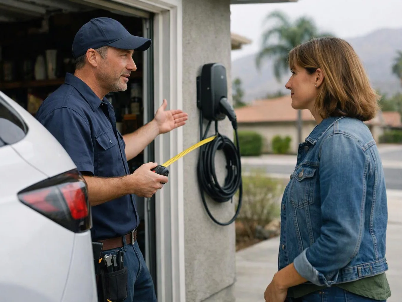 A man in a blue uniform shows a tape measure to a woman beside a garage and parked car