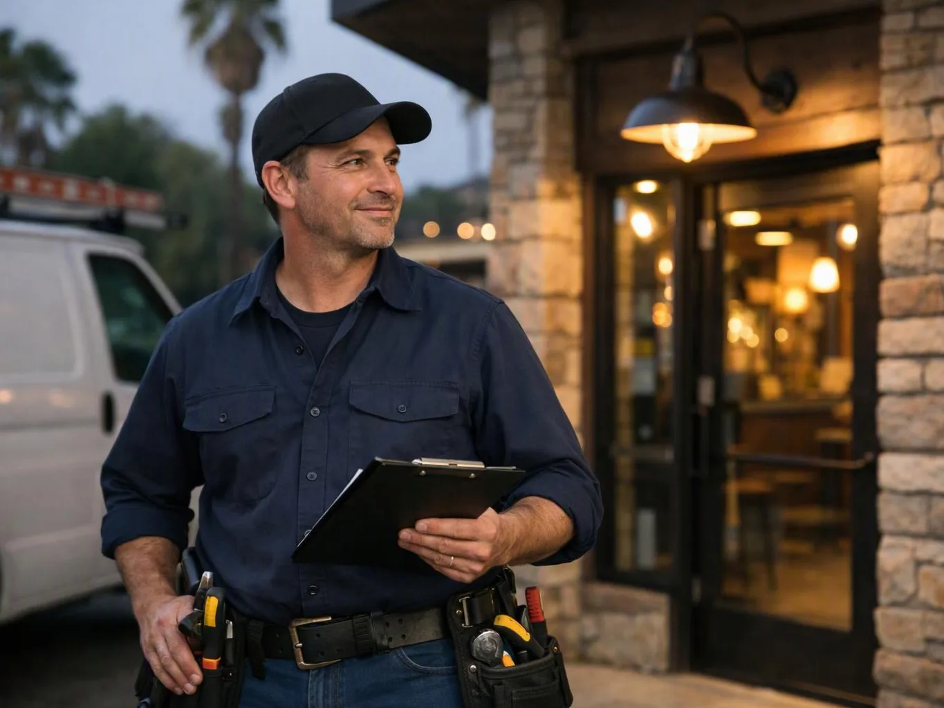 A man in a cap holds a clipboard outside a lit stone building at dusk