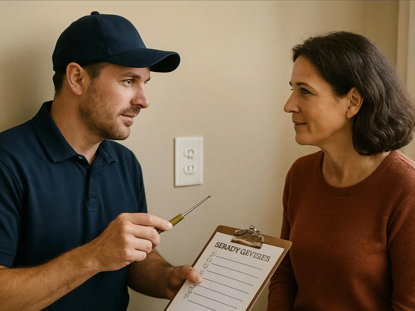 A man in a cap holds a clipboard and points with a screwdriver while talking to a woman indoors