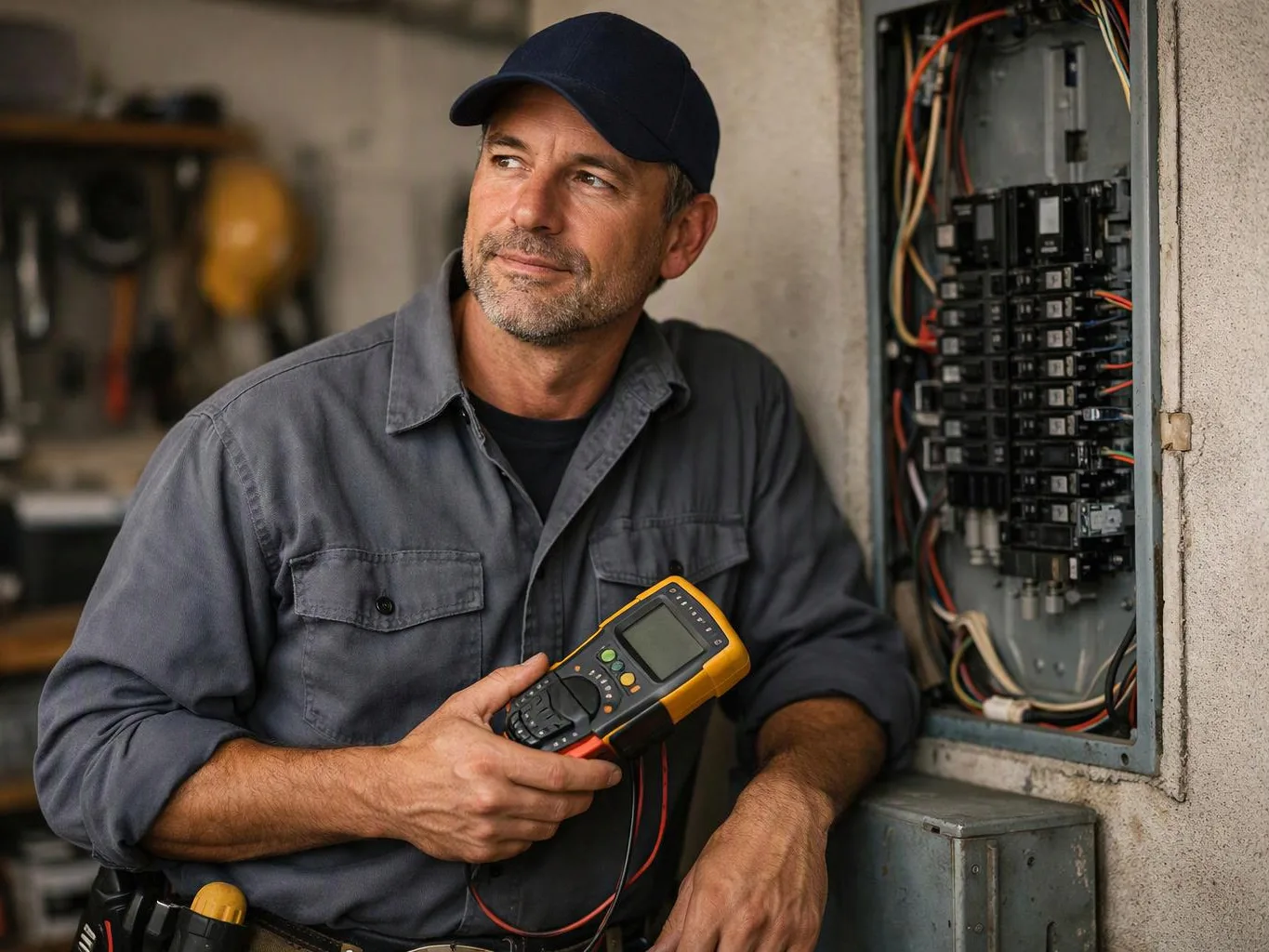 A man in a cap holds a multimeter beside an open electrical panel in a workshop