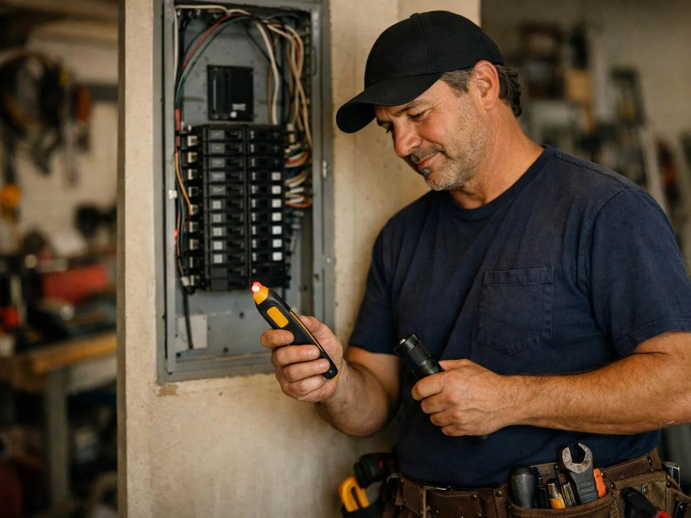 A man in a cap inspects an open electrical panel with a lit tester in his hand
