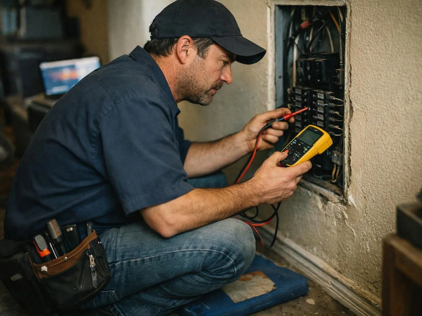 A man in a cap kneels by an open electrical panel, testing wires with a yellow meter
