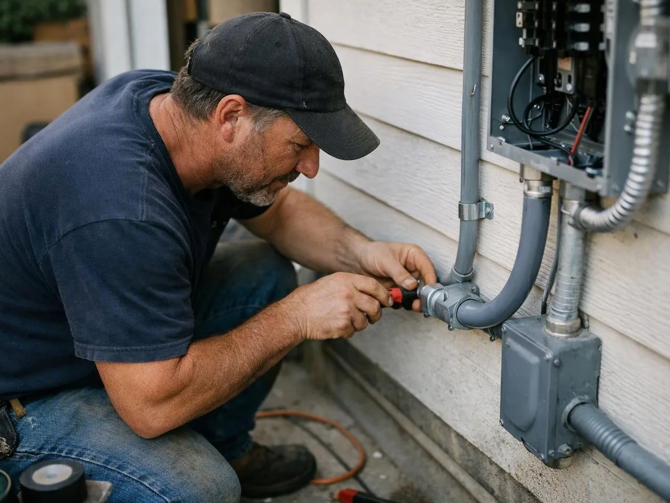 A man in a cap kneels outside, tightening electrical conduit fittings beside a house wall