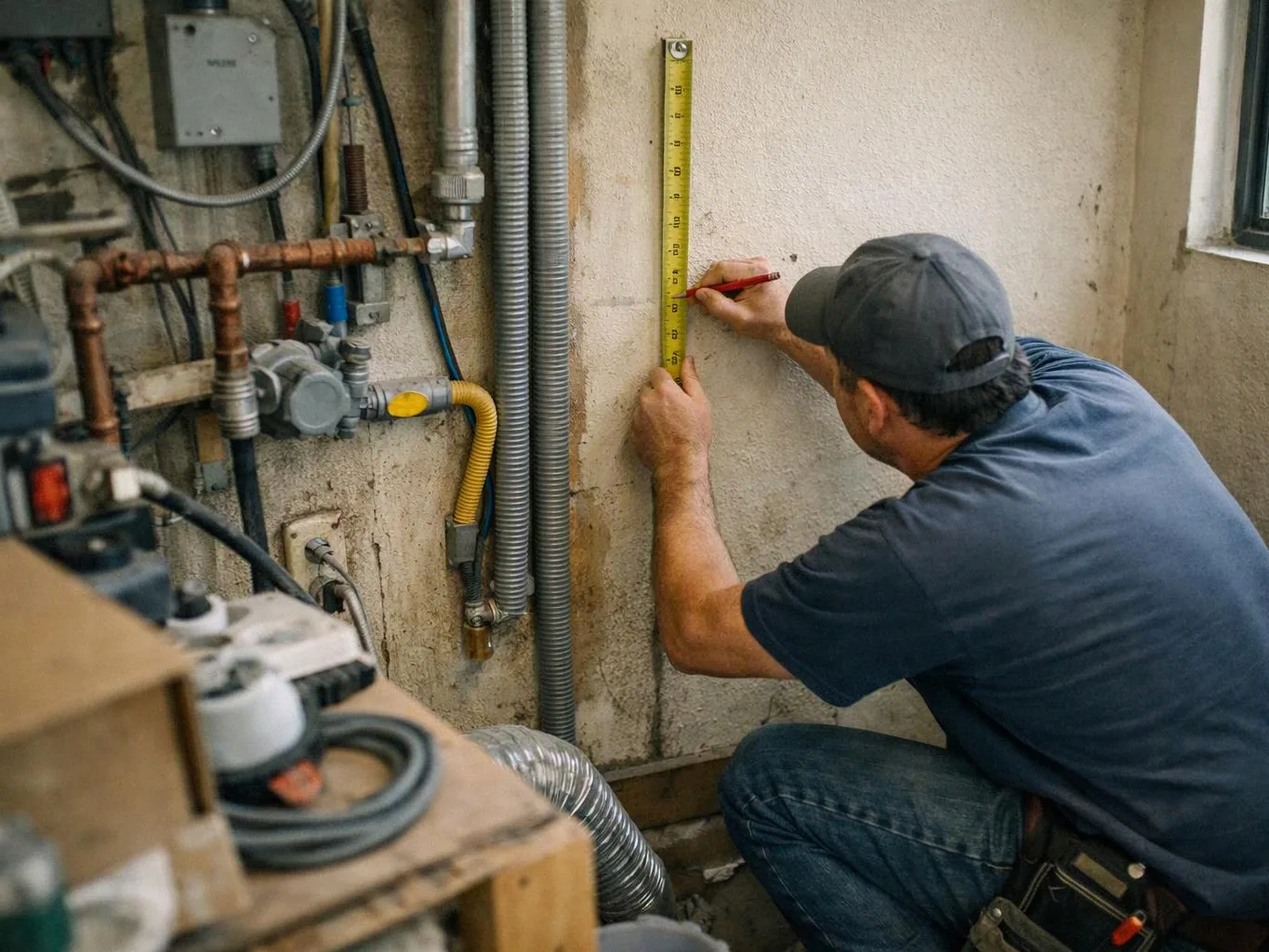 A man in a cap measures a wall with a tape and marks it beside exposed pipes and wiring