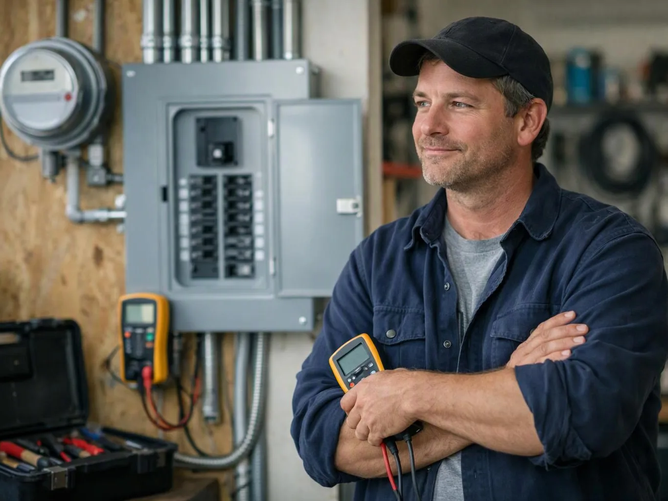 A man in a cap stands with test meters beside an open electrical panel in a workshop