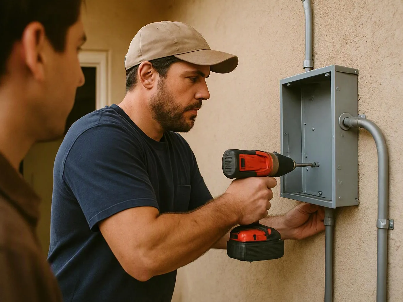 A man in a cap uses a cordless drill to install an electrical box on a wall while another person watches