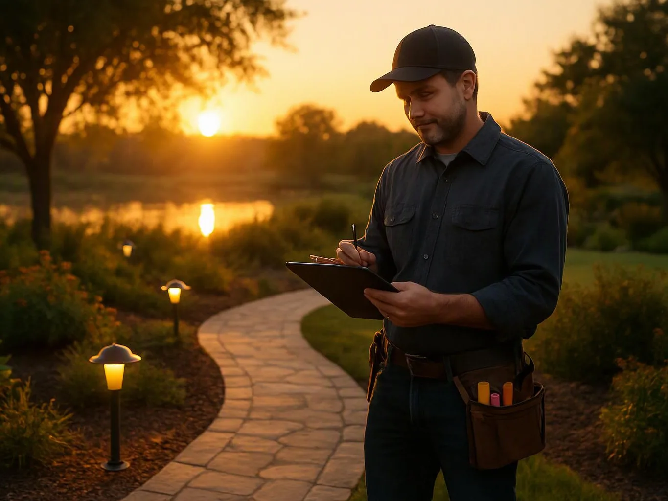 A man in a cap writes on a clipboard beside a curving garden path at sunset