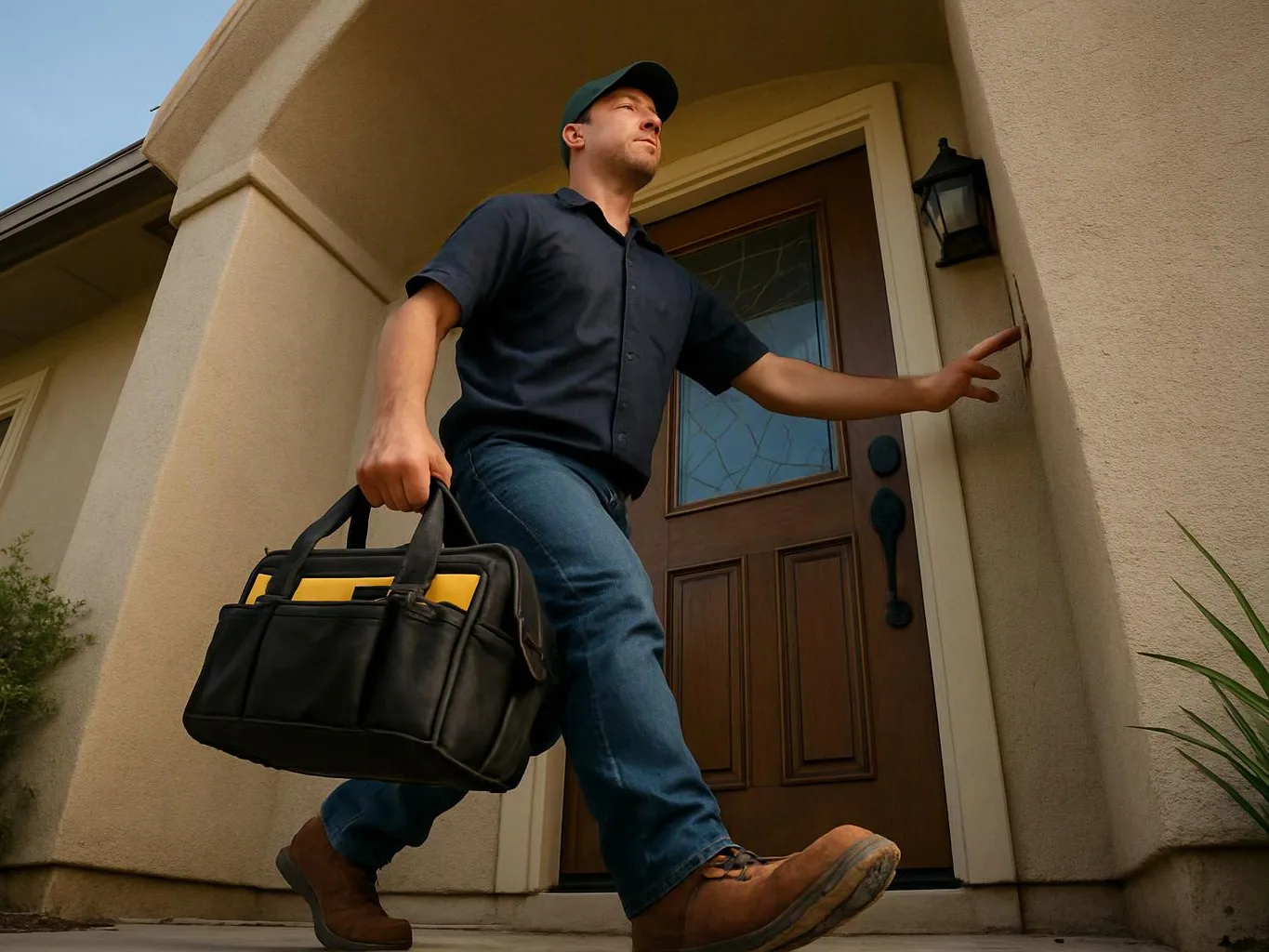 A man carries a tool bag while stepping up to a house front door and reaching for the wall button