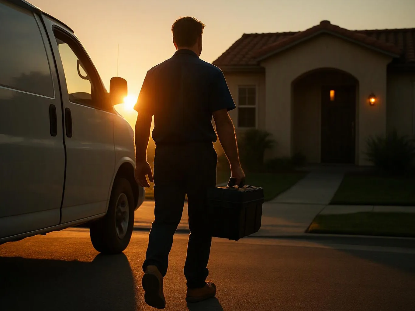A man carries a toolbox beside a white van on a suburban street at sunset