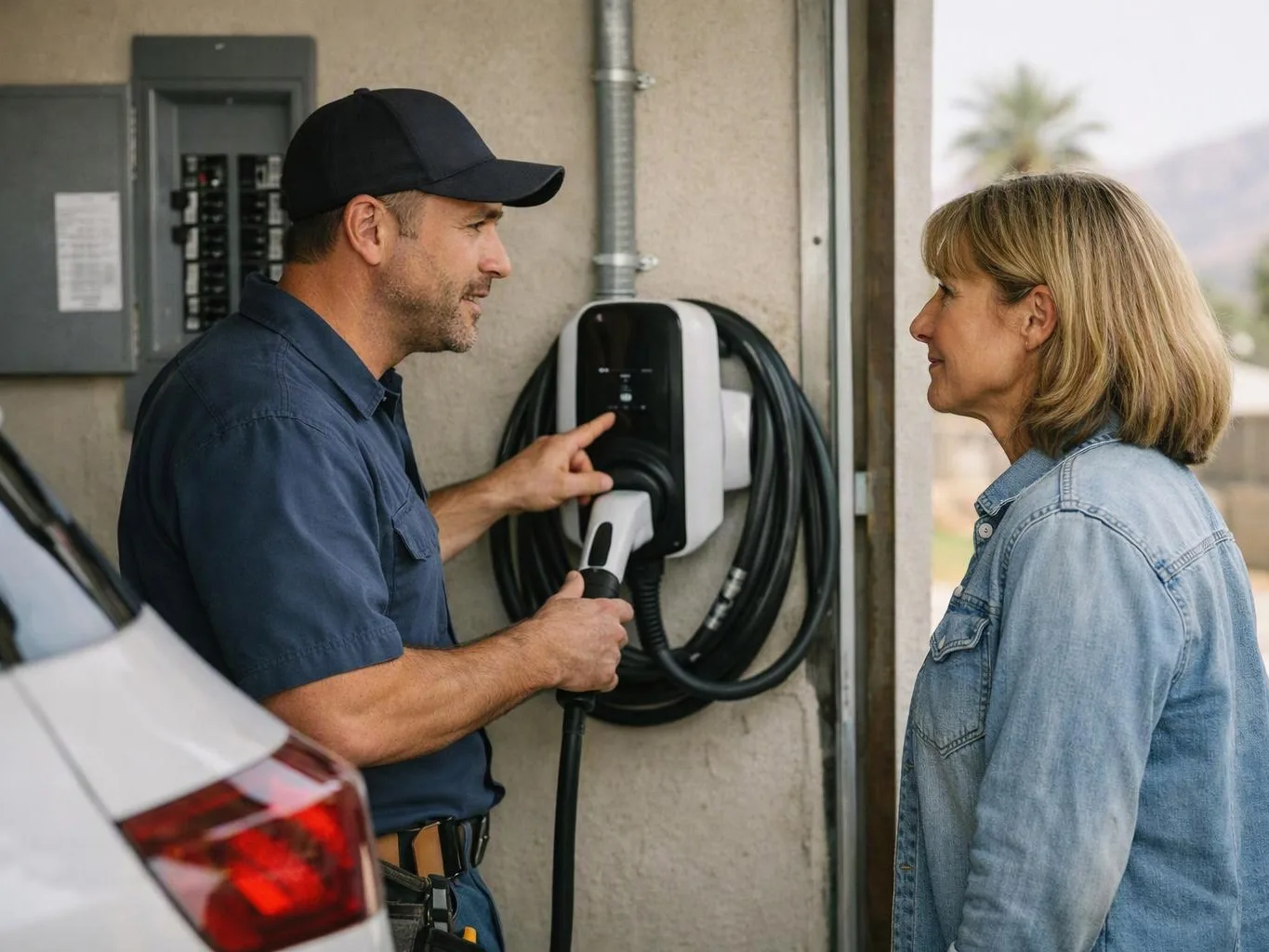 A man charges an electric car while talking to a woman beside the wall-mounted station