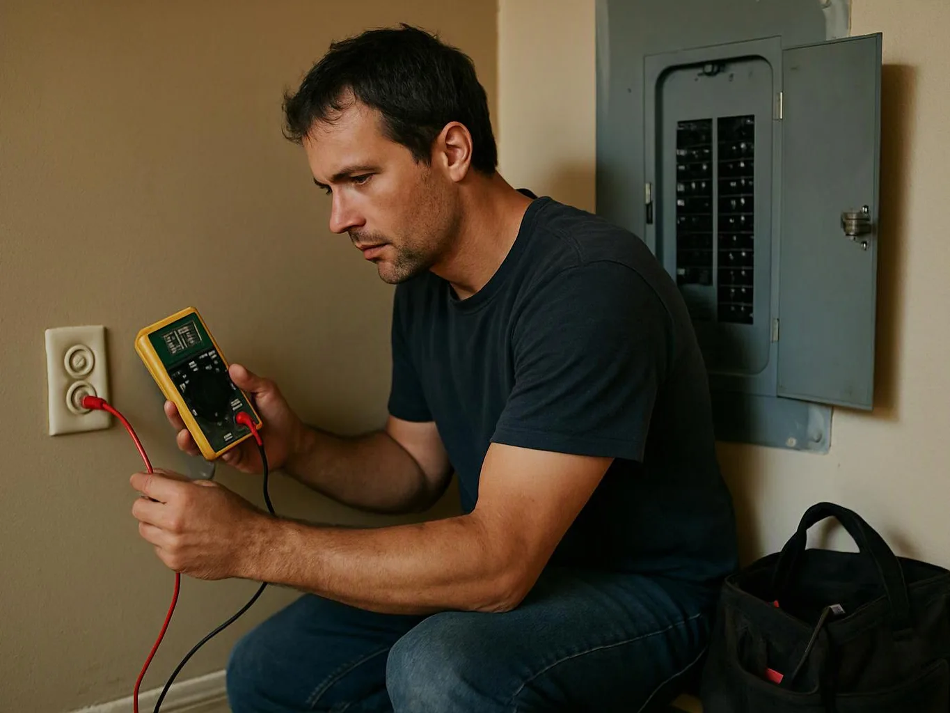 A man checks wall outlet wiring with a multimeter beside an open electrical panel in a room