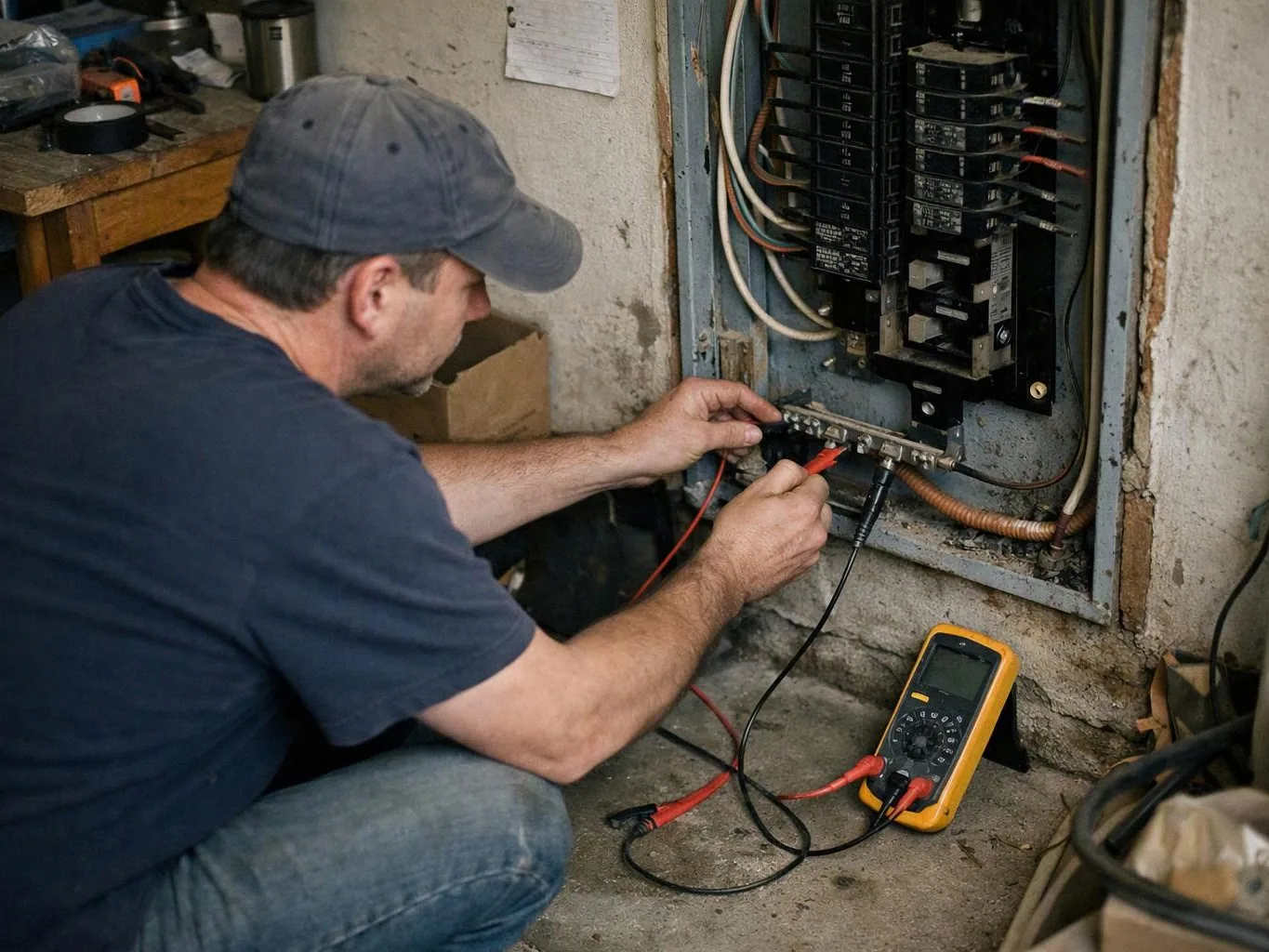 A man crouches by an open electrical panel, testing wires with a multimeter in a worn basement space