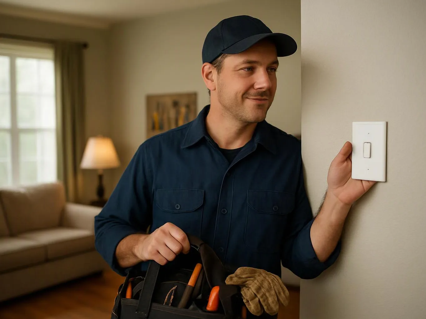 A man in a dark cap and shirt holds a tool bag while touching a light switch in a living room