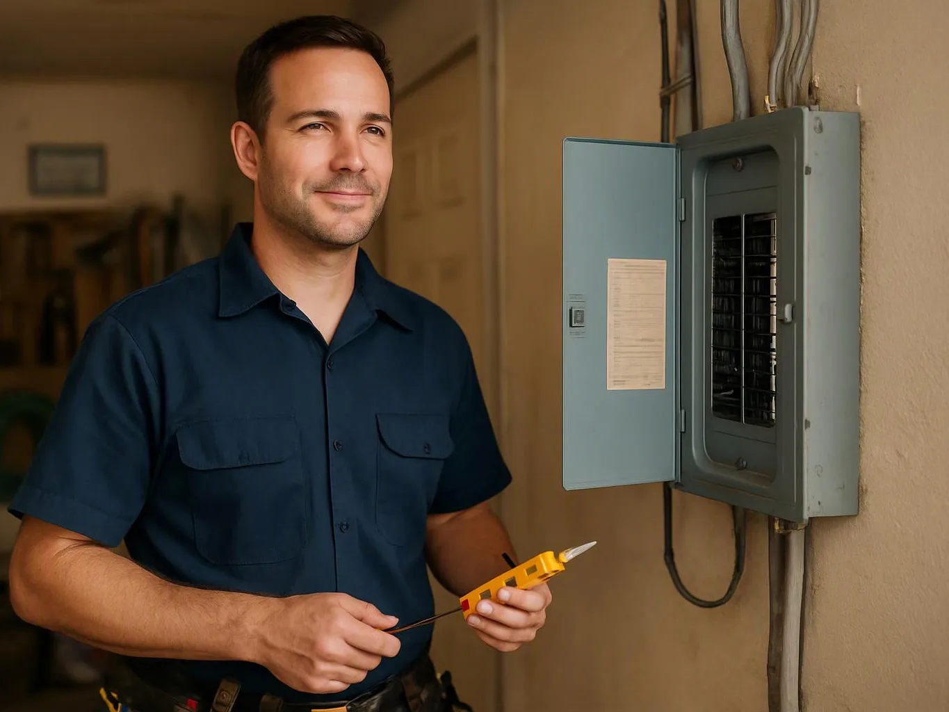 A man in a dark shirt stands beside an open electrical panel, holding a yellow voltage tester indoors