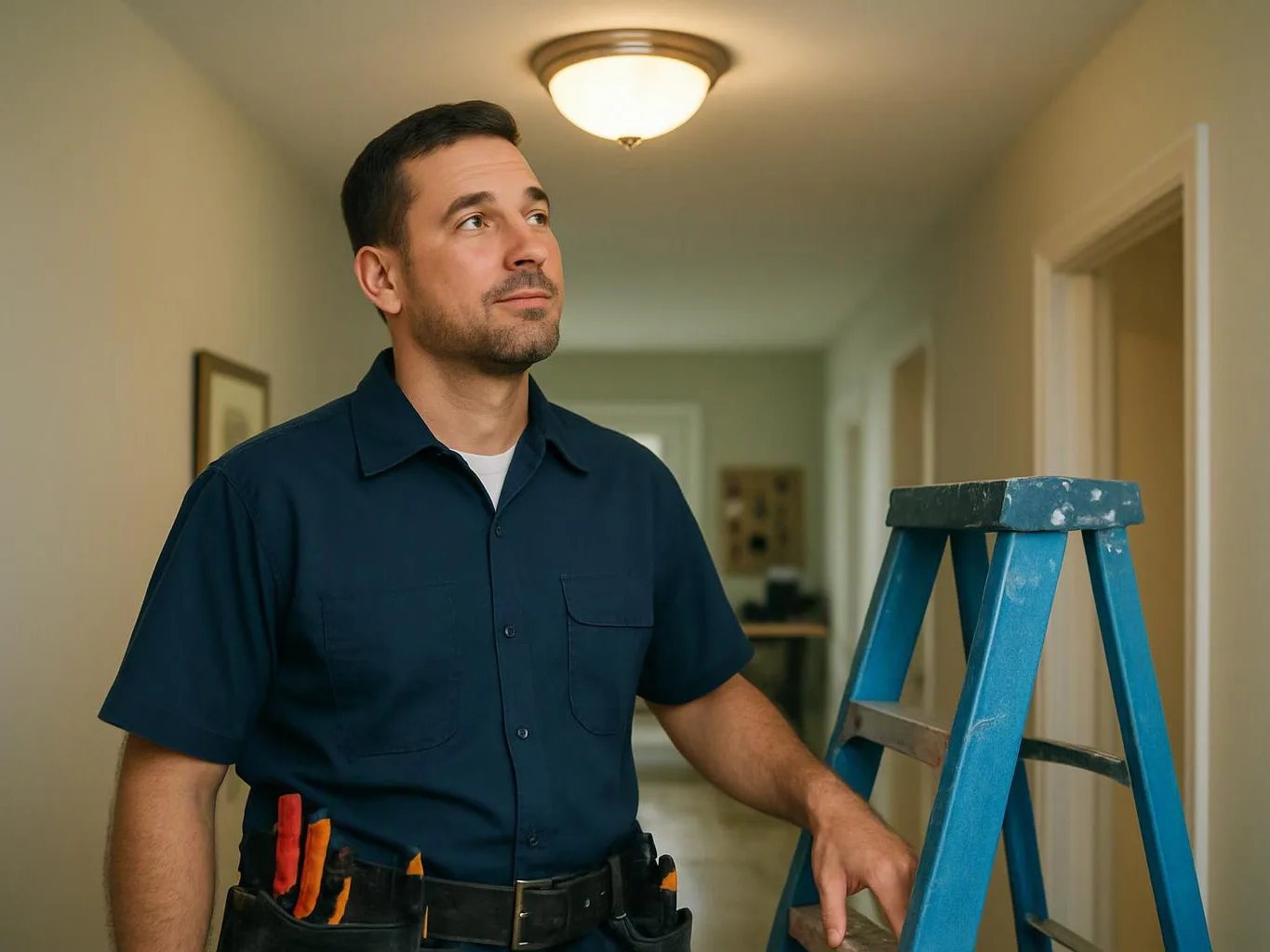 A man in a dark shirt stands in a hallway beside a blue step ladder, looking upward