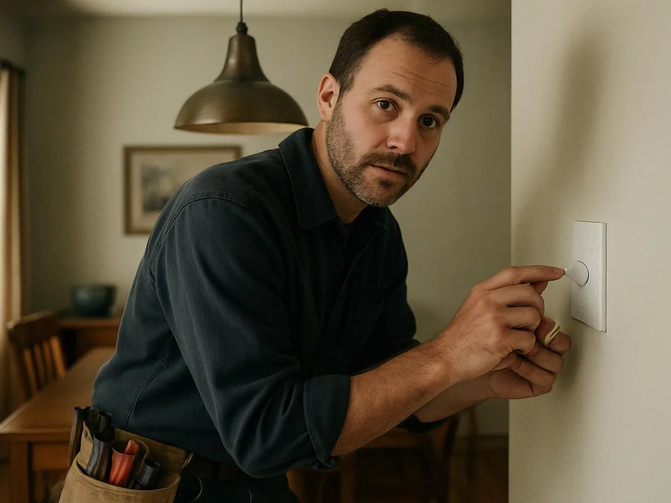 A man in a dim dining room adjusts a wall dimmer switch beside a hanging lamp