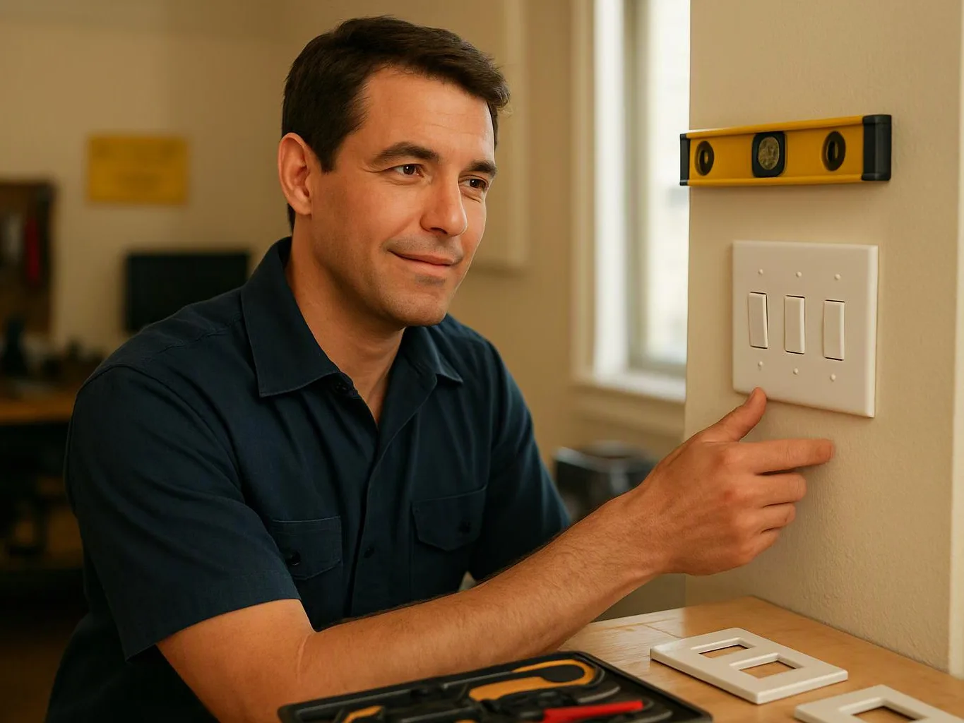 A man installs a white three-switch plate beside a wall level in a bright room