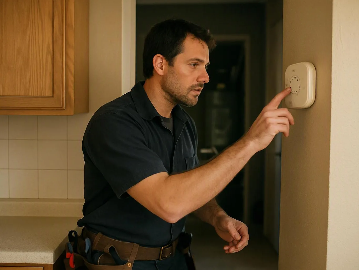 A man in a kitchen adjusts a wall thermostat beside a doorway
