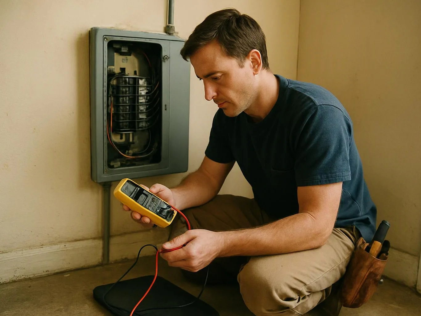 A man kneels beside an open electrical panel, testing wires with a yellow multimeter in a bare room