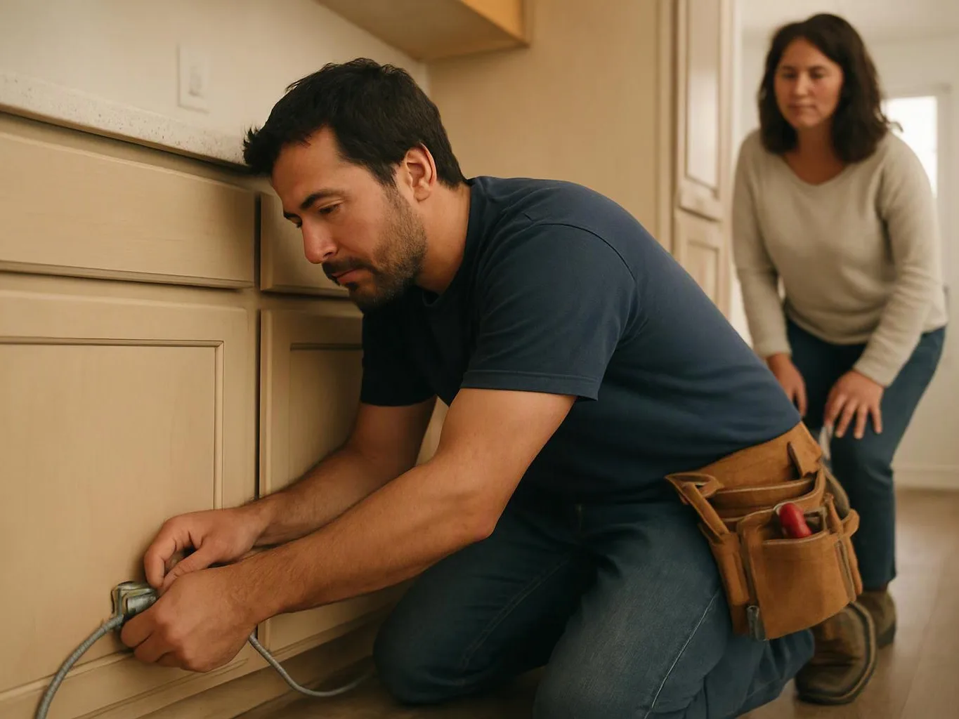A man kneels by a kitchen cabinet, working on an outlet while a woman watches from behind