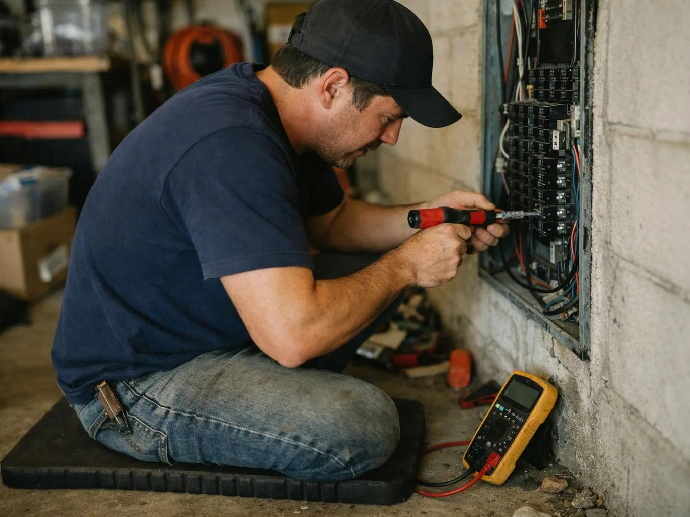 A man kneels on a mat, using a screwdriver on an open electrical panel beside a multimeter