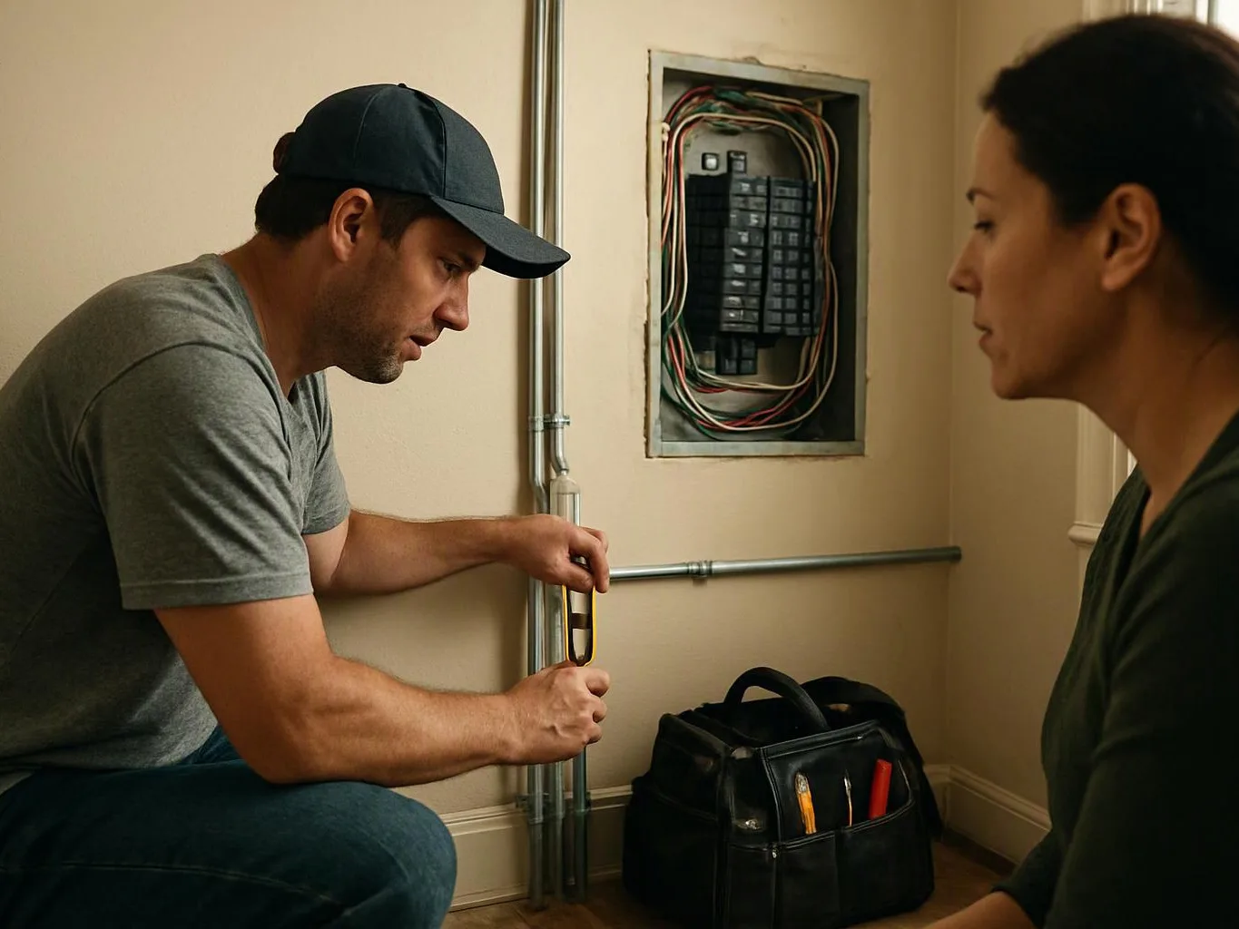 A man kneels by an open electrical panel while a woman watches in a small room
