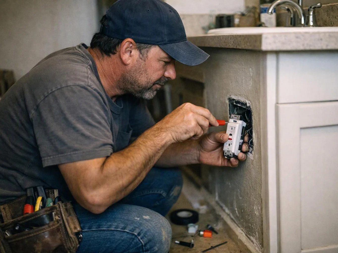A man kneels by a sink, wiring an electrical outlet with a screwdriver in a bathroom