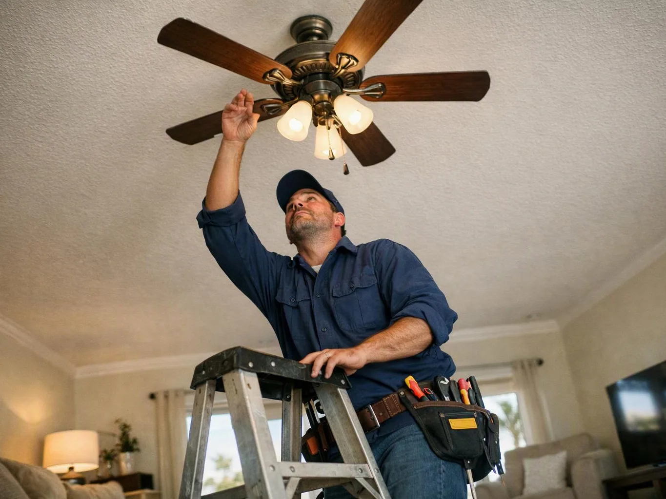 A man on a ladder adjusts a lit ceiling fan in a living room