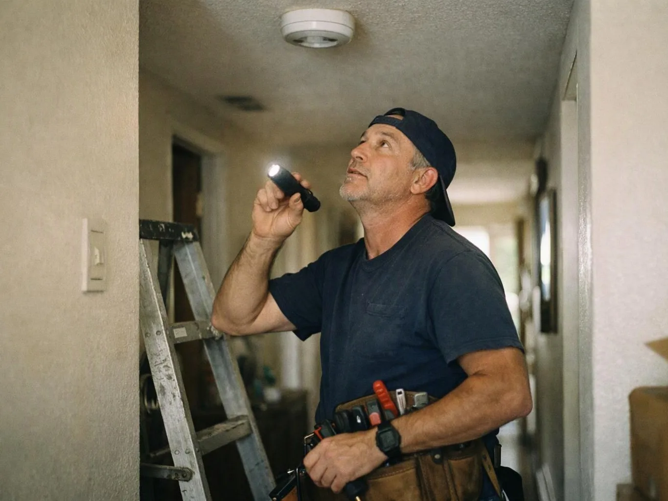 A man on a ladder inspects a ceiling smoke detector with a flashlight in a narrow hallway
