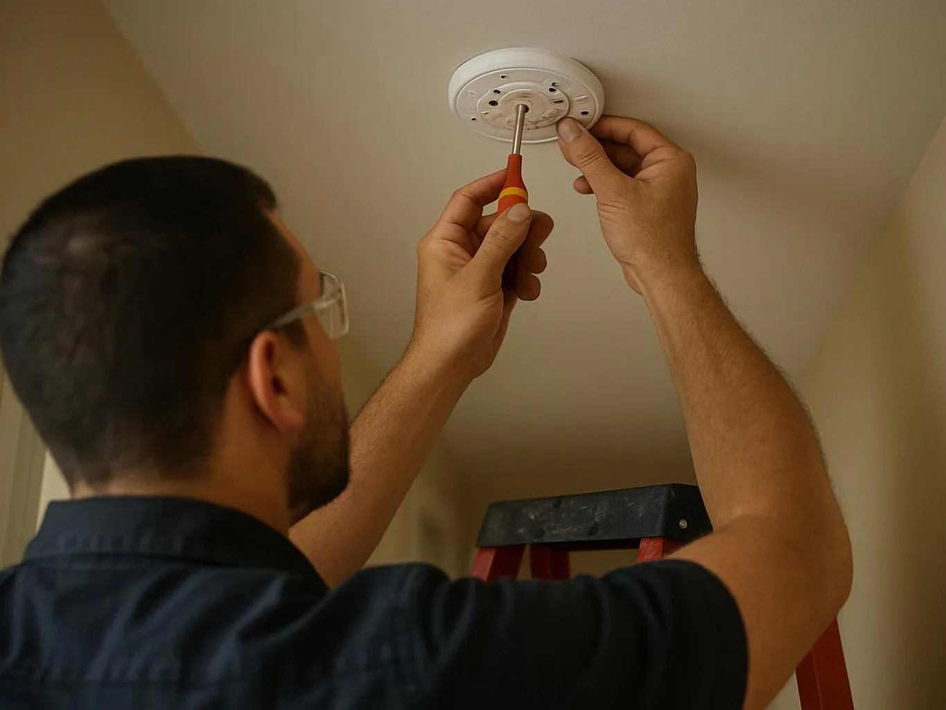 A man on a ladder tightens a ceiling smoke detector with a screwdriver in a beige hallway