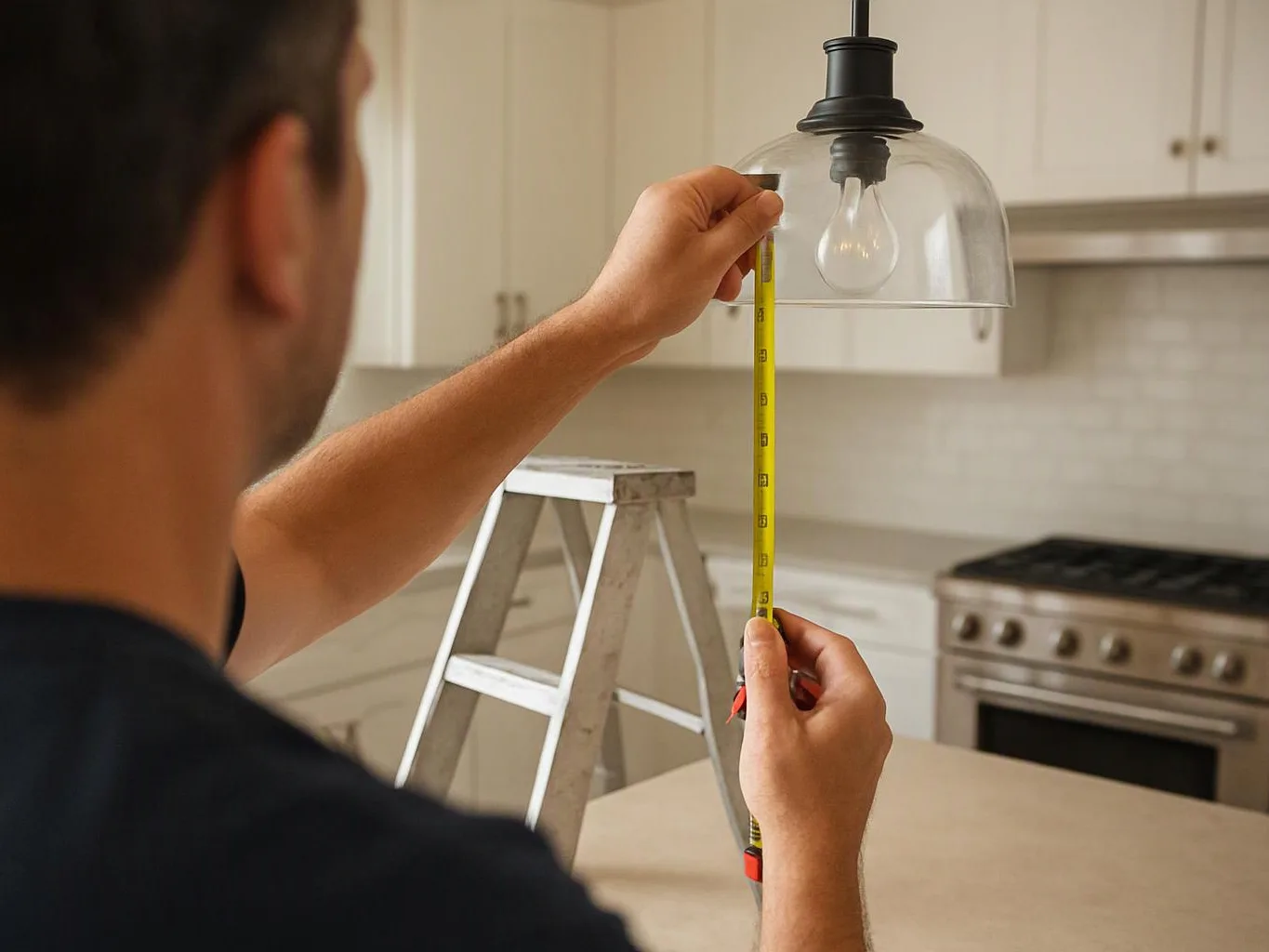 A man measures a hanging kitchen light fixture with a tape measure beside a step ladder