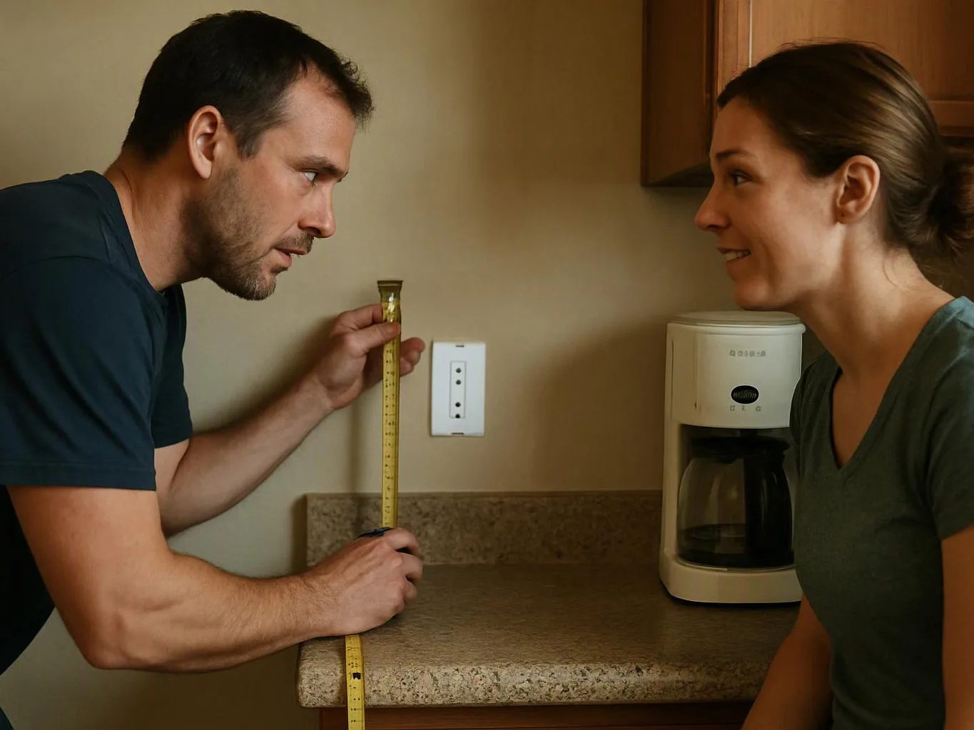 A man measures a kitchen wall with a tape, while a woman stands beside a coffee maker and smiles