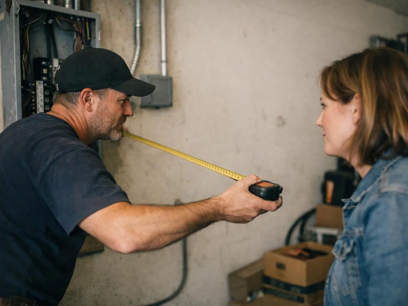 A man measures a wall with a tape measure while a woman watches in a bare utility room