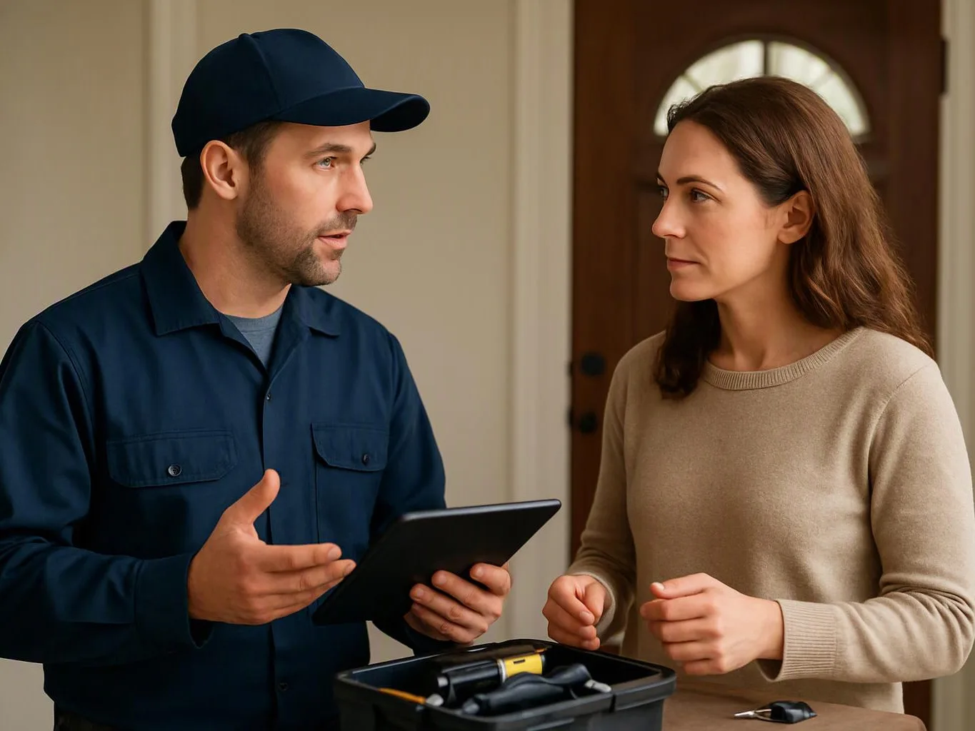 A man in a navy cap shows a tablet to a woman beside an open toolbox indoors