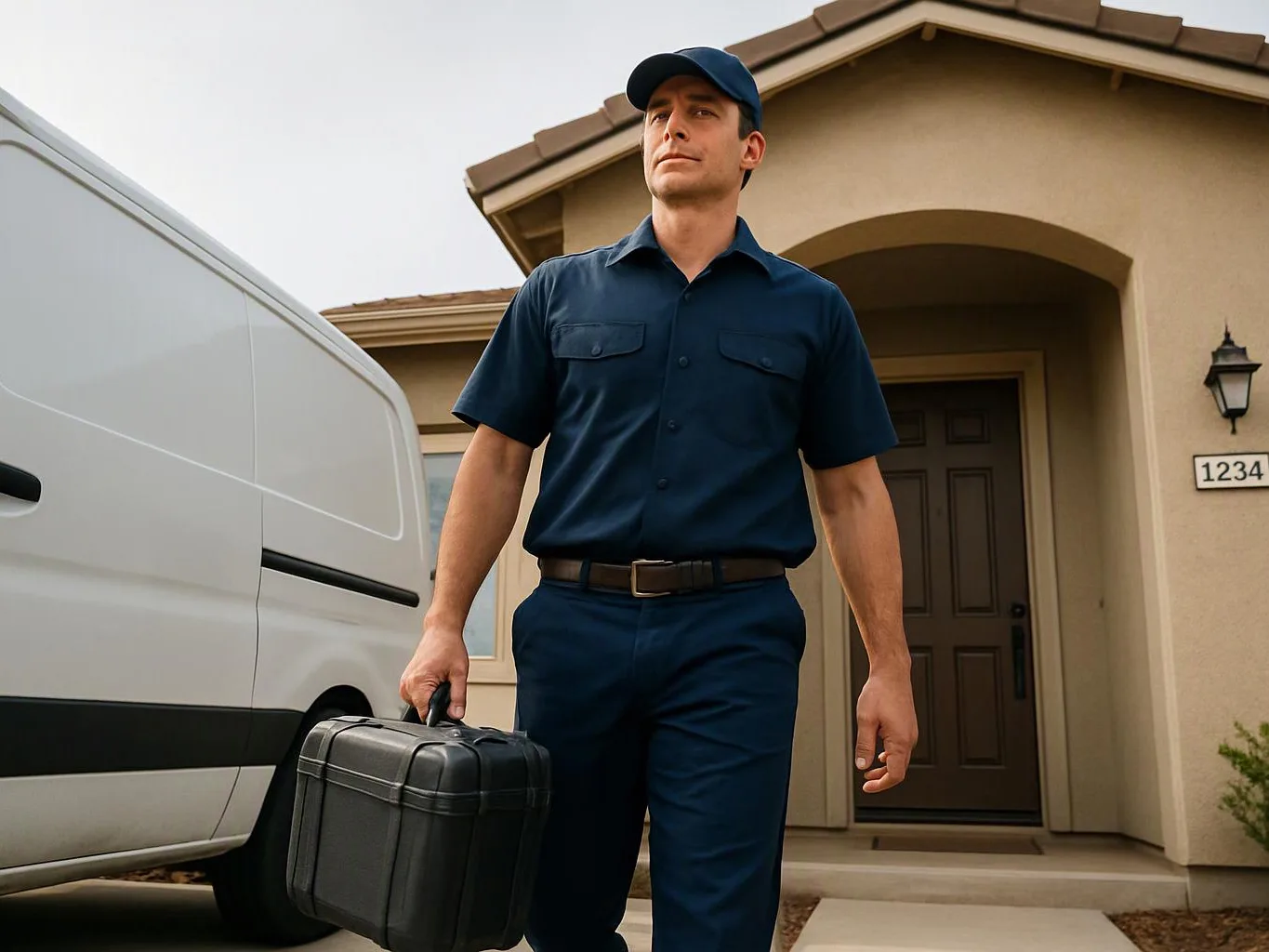 A man in a navy uniform carries a black case past a white van outside a house
