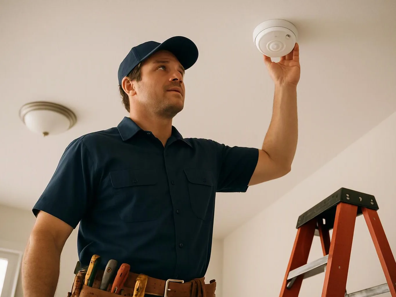 A man in a navy uniform checks a ceiling smoke detector beside a red ladder indoors