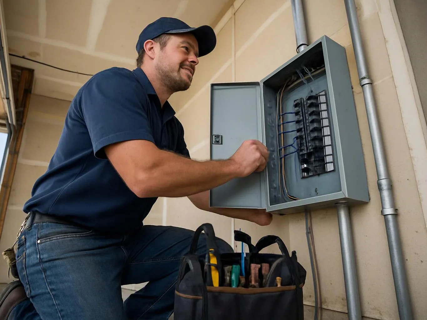 A man in a navy uniform works on an open electrical panel beside a tool bag indoors