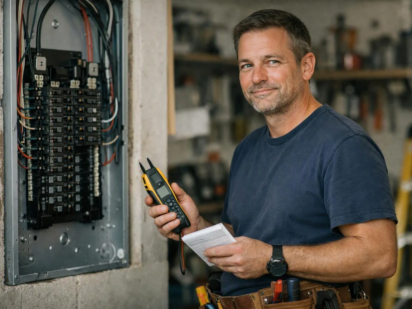A man stands beside an open electrical panel, holding a tester and a notepad in a workshop
