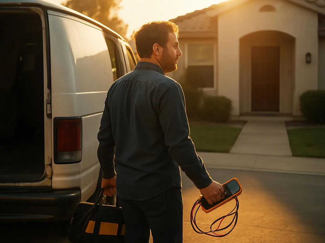 A man stands beside a white van at sunset, holding a phone and a bag on a quiet residential street
