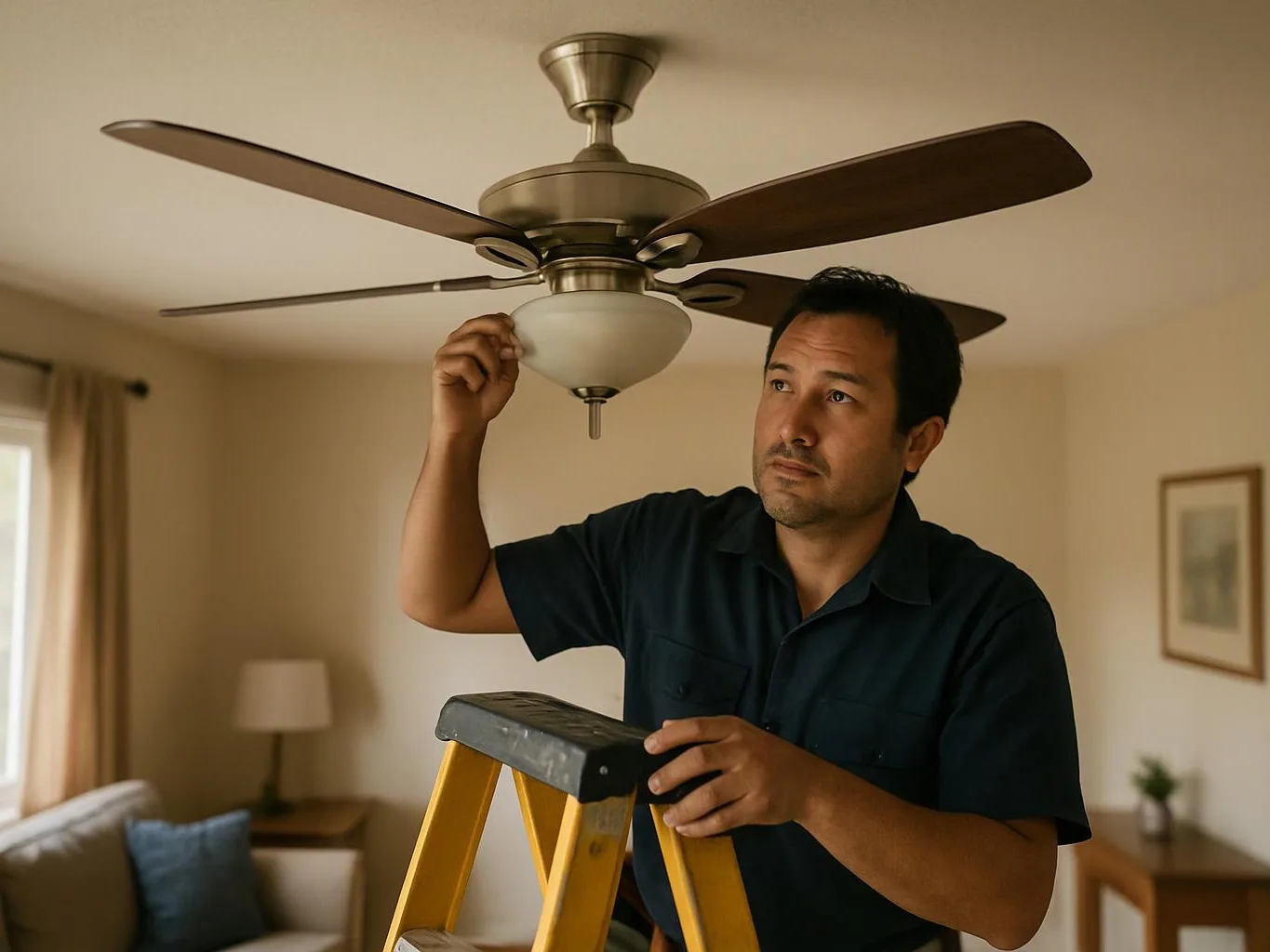 A man on a step ladder inspects a ceiling fan light in a beige living room