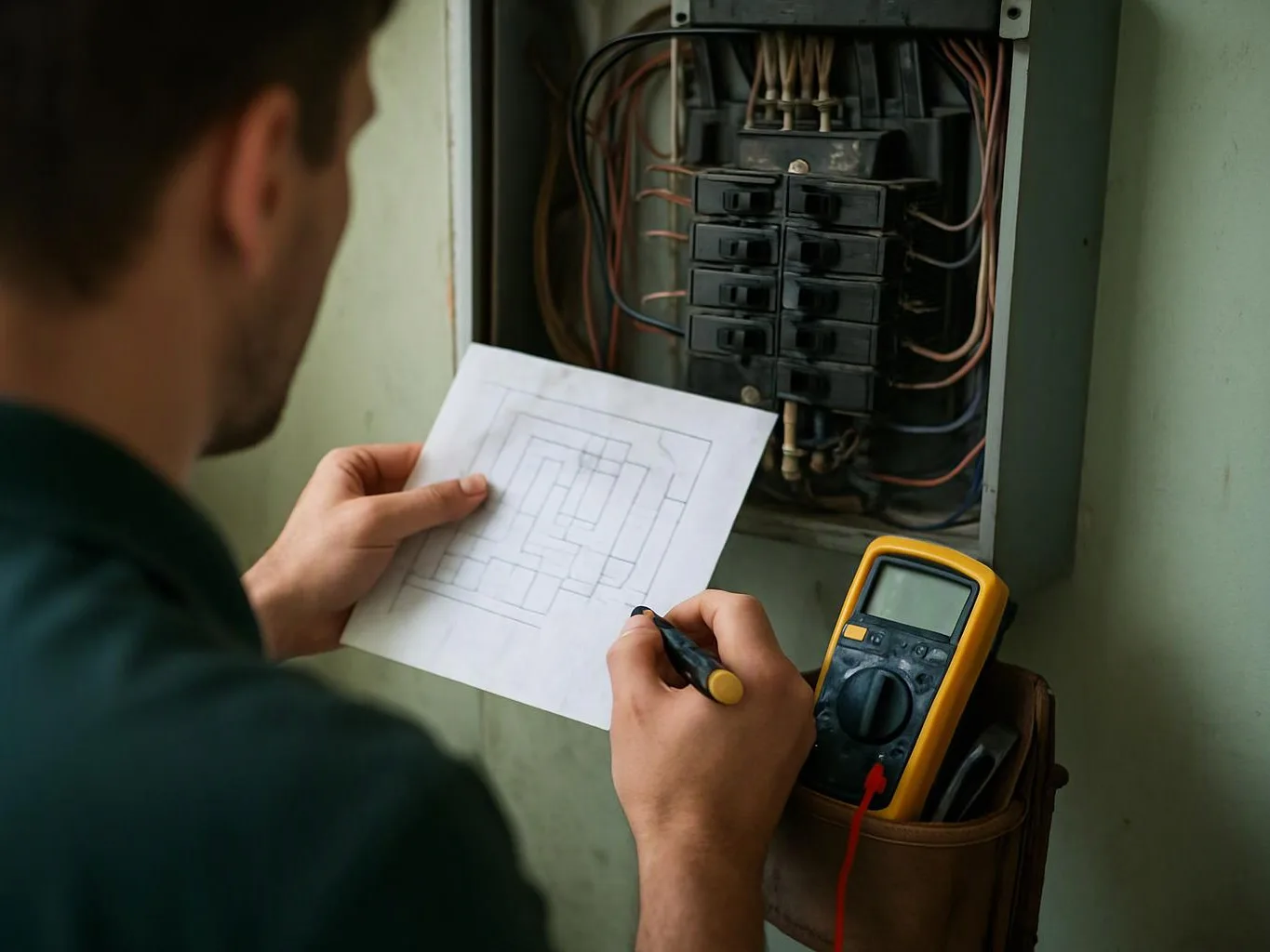 A man studies an open electrical panel while holding a wiring diagram and a multimeter in a wall-mounted pouch