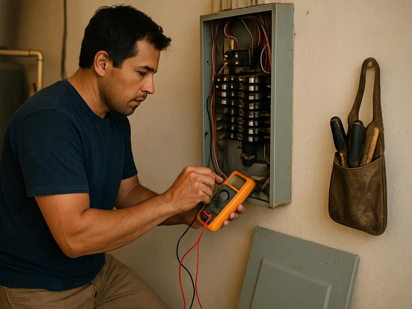 A man tests wires inside an open electrical panel with a handheld meter in a plain indoor wall setting