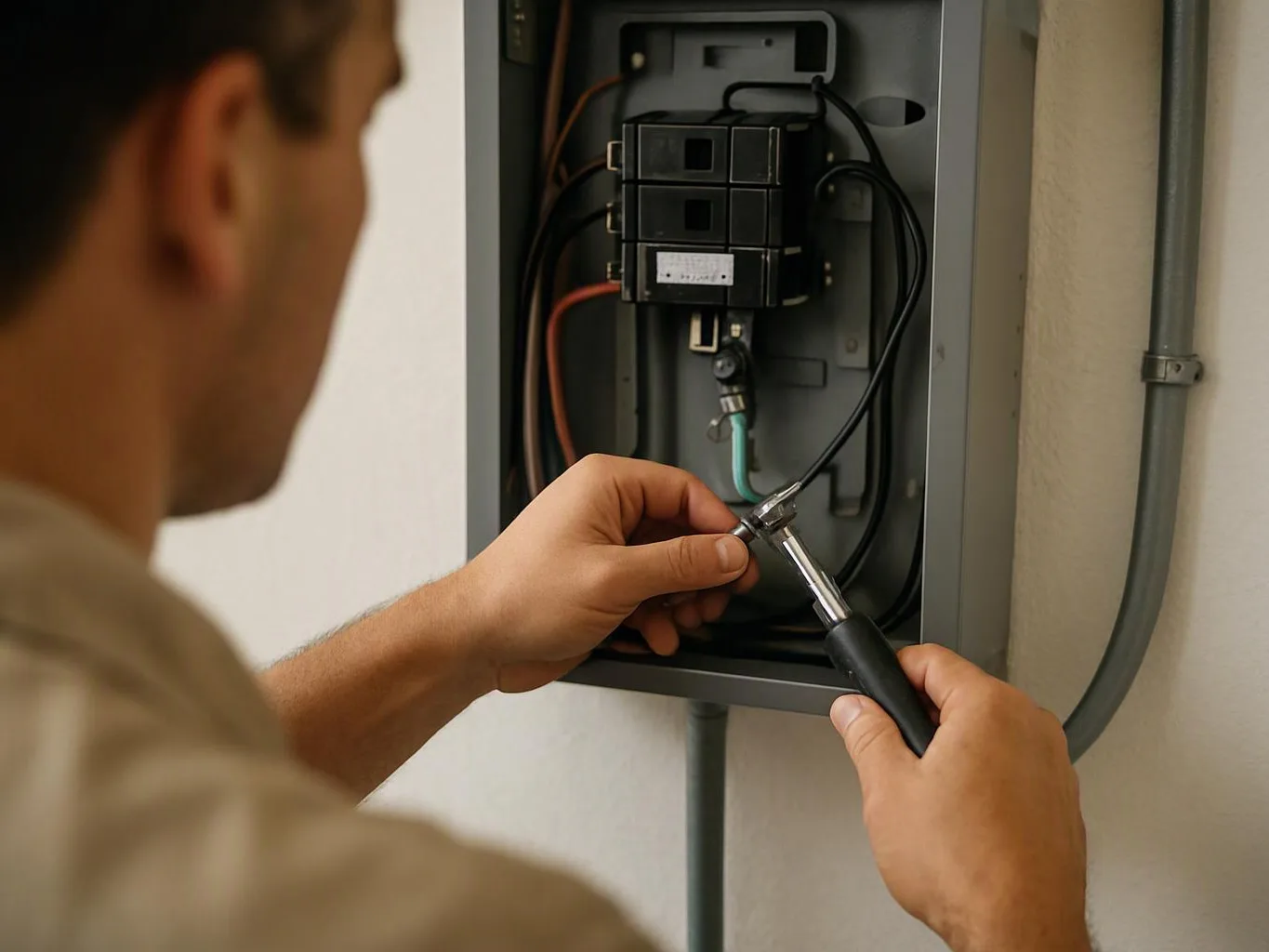 A man uses a screwdriver to work inside an open electrical panel on a wall