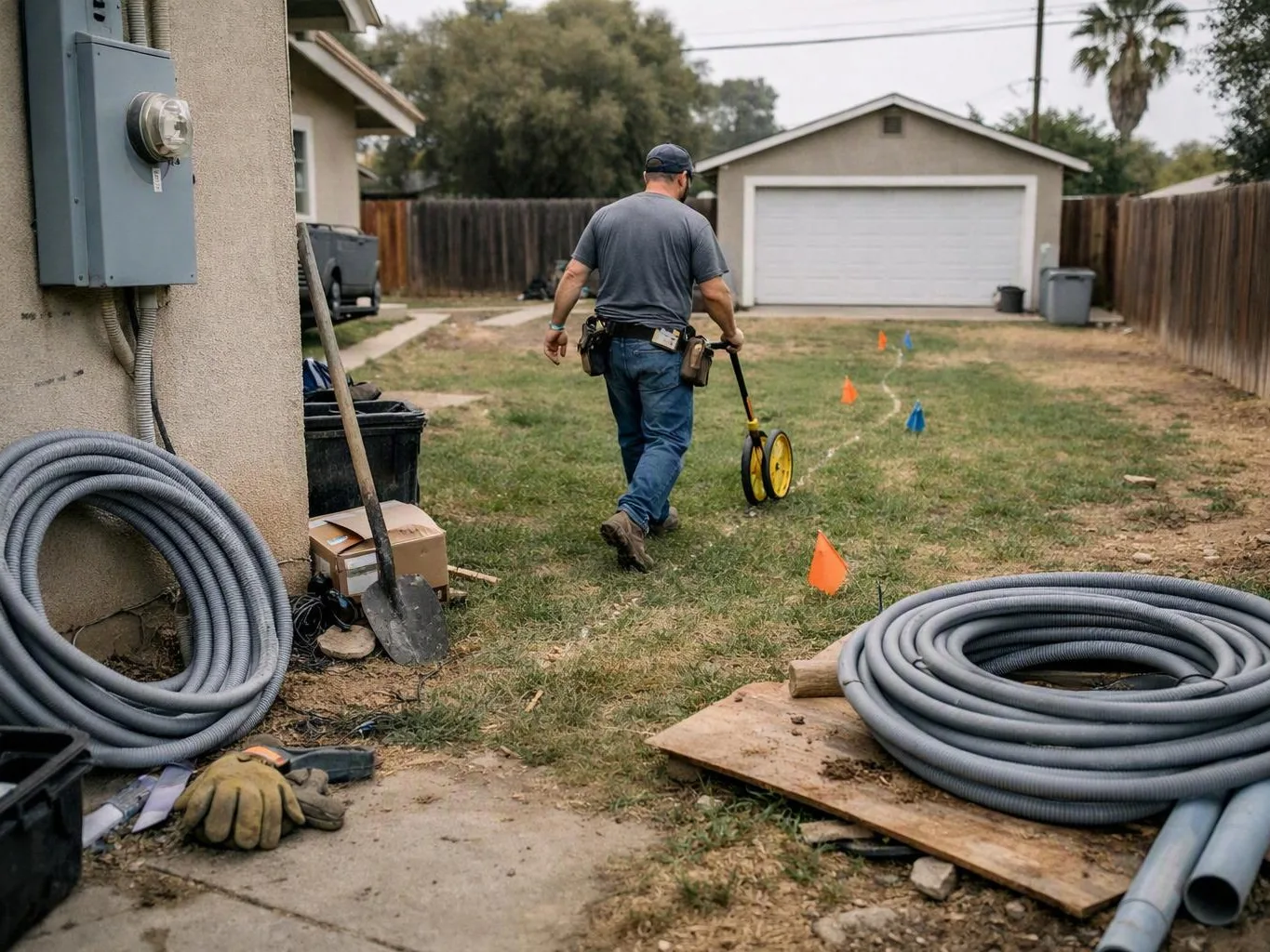 A man walks across a backyard with a measuring wheel, beside coiled pipes, tools, and orange markers